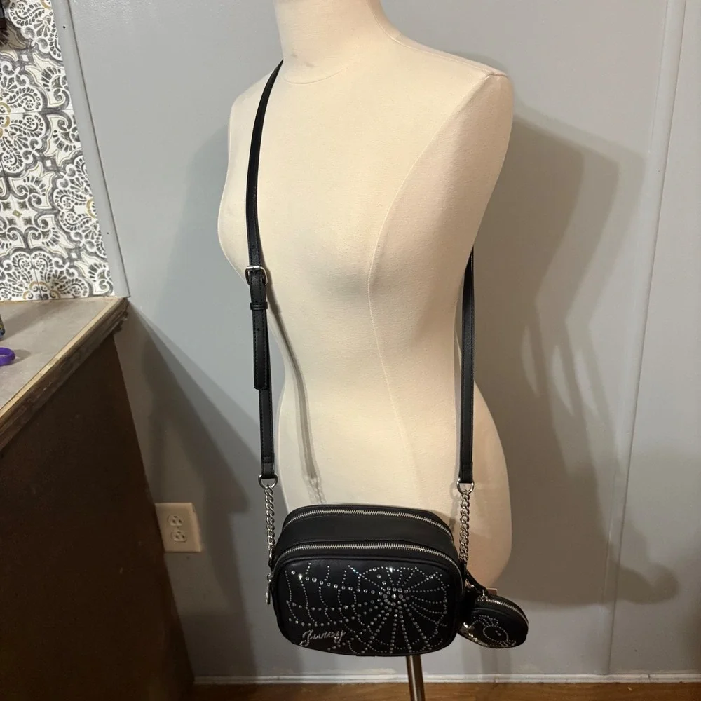 NWT Juicy Couture Rhinestone‎ Spiderweb Crossbody Bag Black w/ Coin Purse